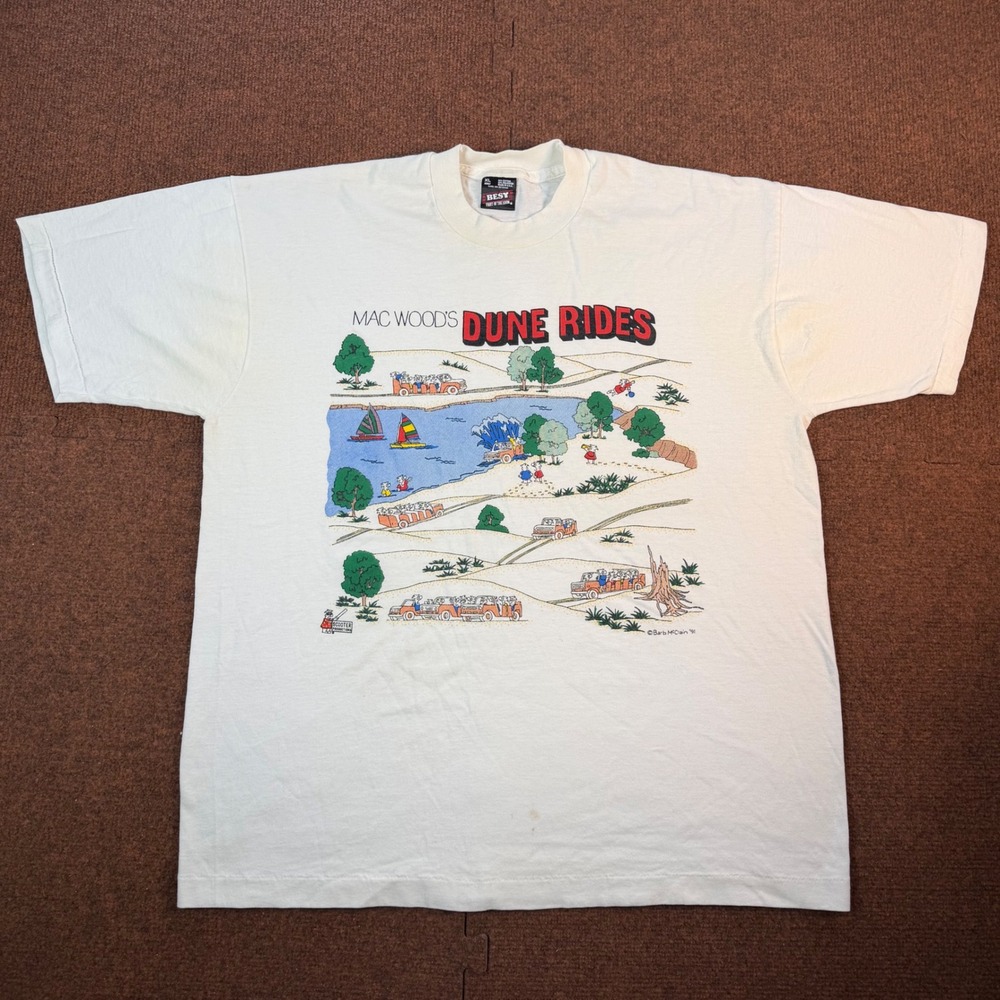 Vintage 90s Mac Woods Dune Rides Michigan Graphic T-Shirt XL White Single Stitch